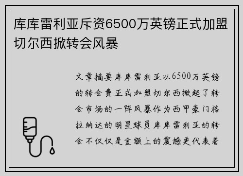 库库雷利亚斥资6500万英镑正式加盟切尔西掀转会风暴 库库雷利亚斥资6500万英镑正式加盟切尔西掀转会风暴